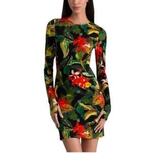 Alice + Olivia Delora Tropical Print Long Sleeve Mini Dress Black Floral 6 NWT